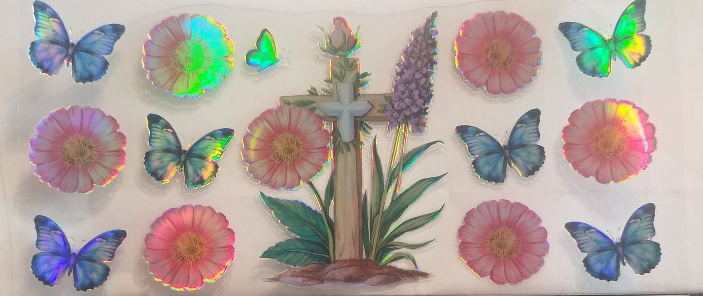 VDTFDW- Holographic Cross, Flowers and Butterflies | 16oz Cupwrap