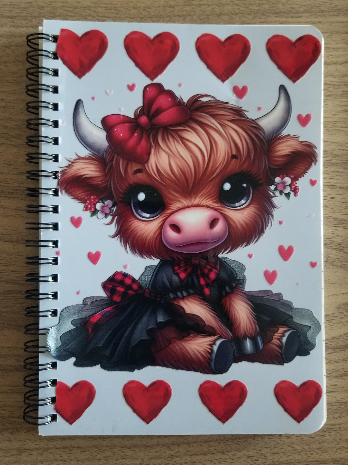 Unique A5 Spiral Notebook- Cow w/ Hearts