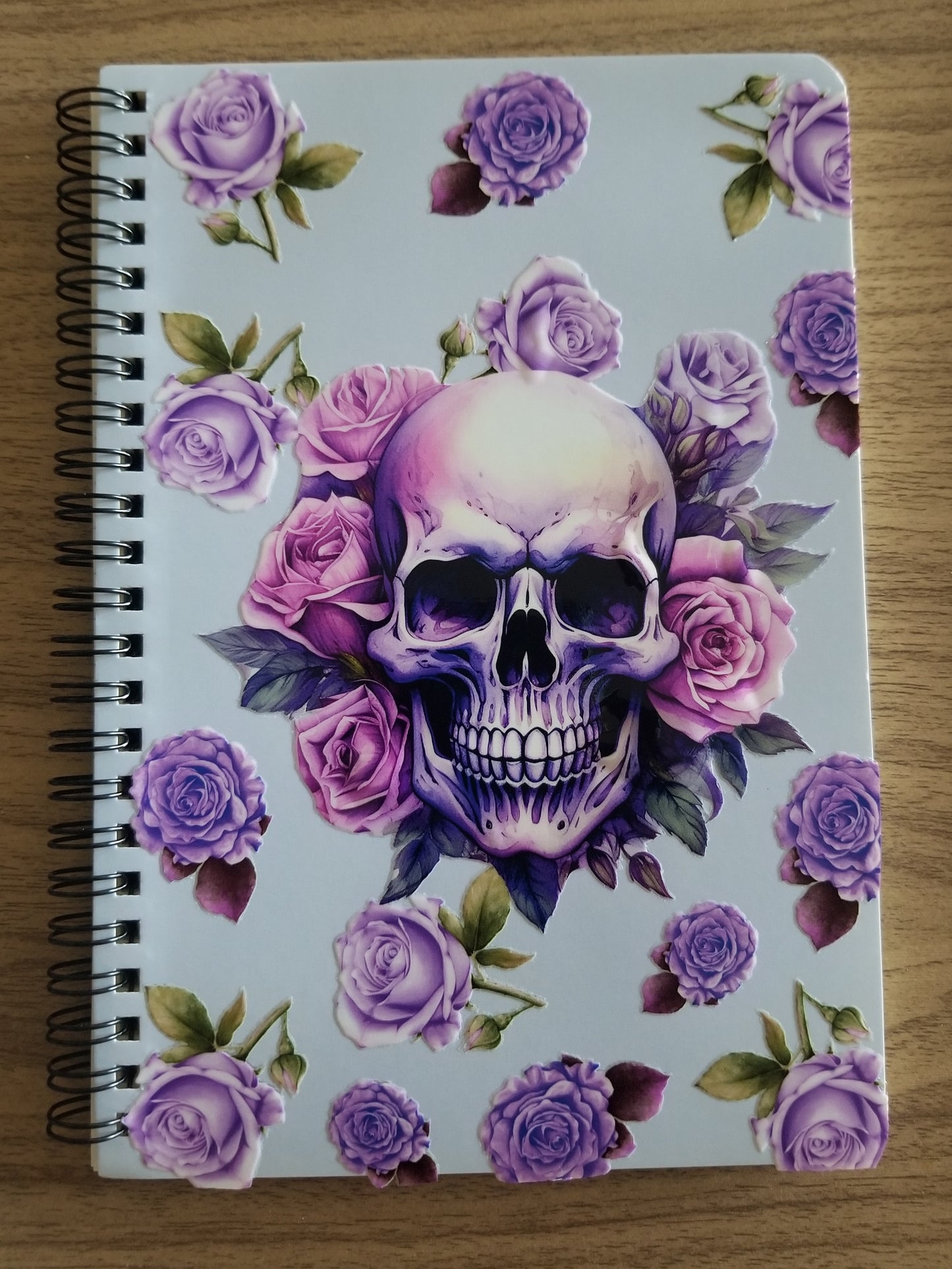 Unique A5 Spiral Notebook- Skull w/ Purple Roses