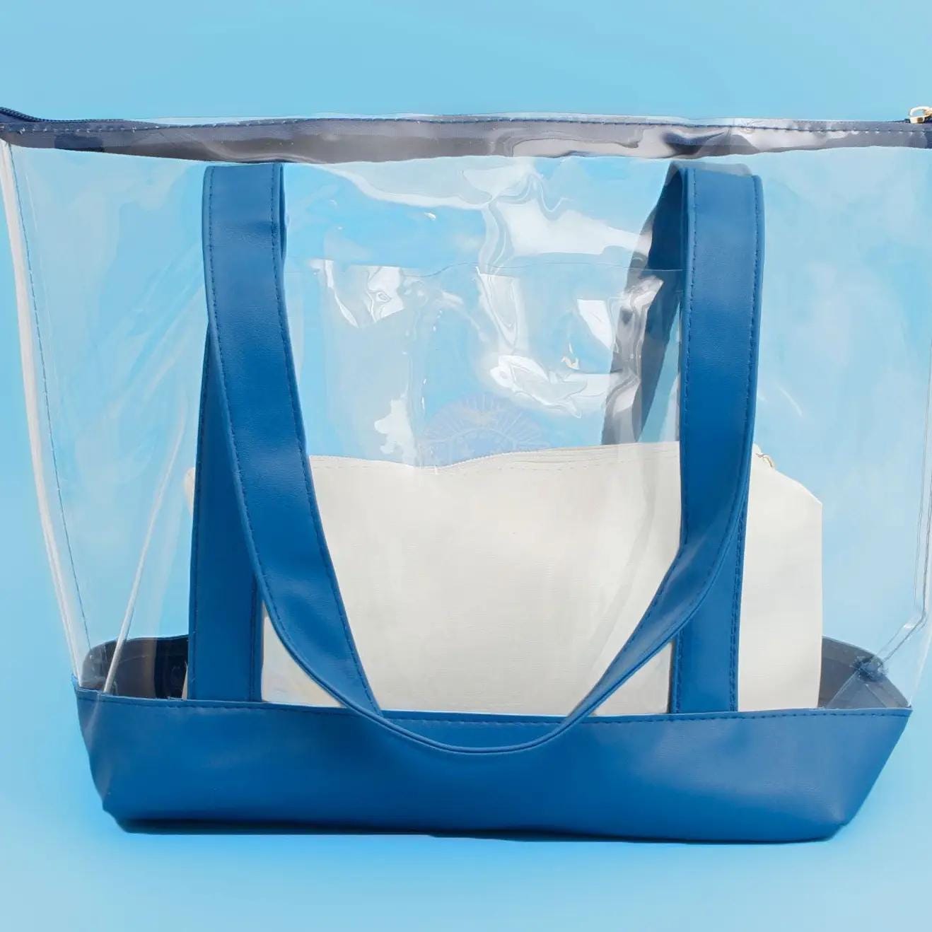 Zeta Phi Beta Sorority Clear Tote Bag – Blue PVC & Vegan Leather Shoulder Bag with Zipper Pouch
