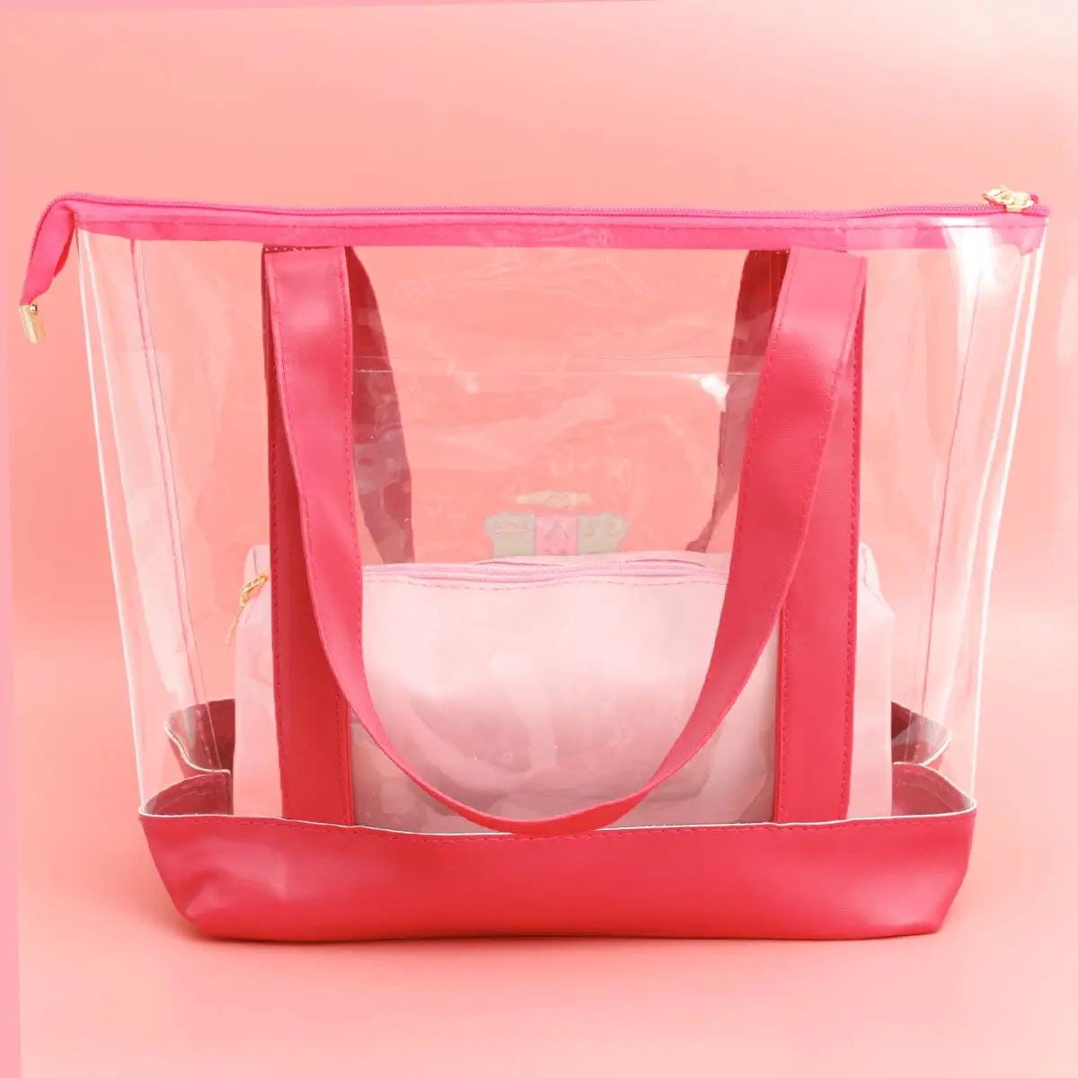 AKA Pink Clear Tote Bag – Alpha Kappa Alpha Sorority Women's Shoulder Bag with Zipper Pouch