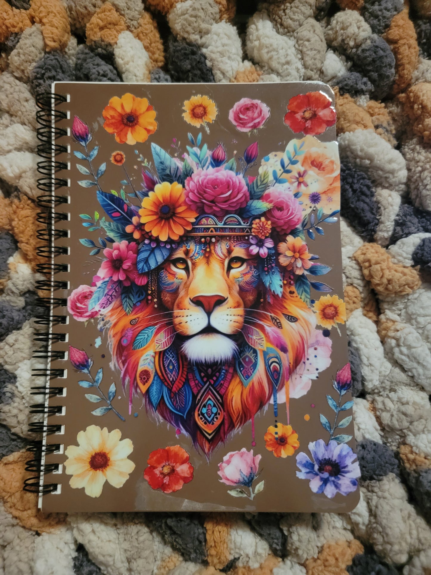 Unique A5 Spiral Notebook- Beautiful Colorful Lion w/ Flowers