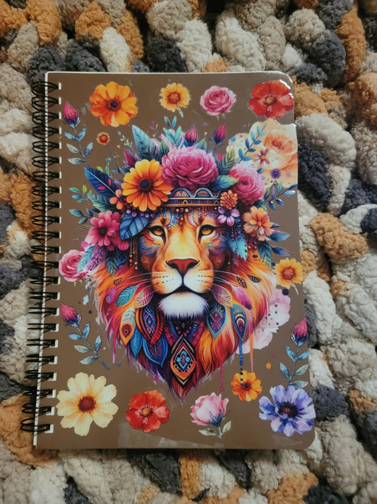 Unique A5 Spiral Notebook- Beautiful Colorful Lion w/ Flowers