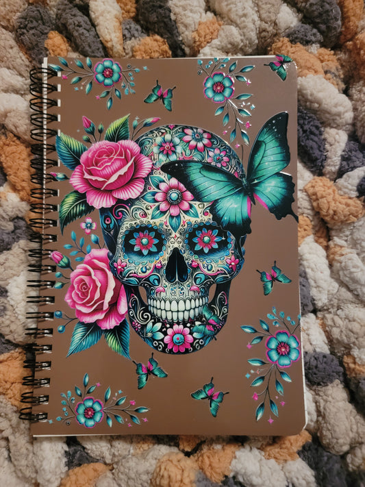 Unique A5 Spiral Notebook- Skull w/ Pink Roses and Blue Butterfly