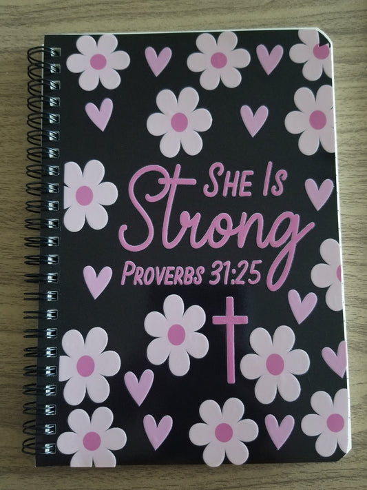 Unique A5 Spiral Notebook- She Is Strong Proverbs 31:25