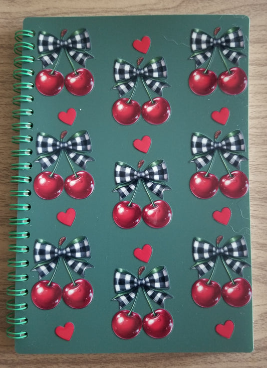 Unique A5 Spiral Notebook- Cherries w/ Checkered Bow