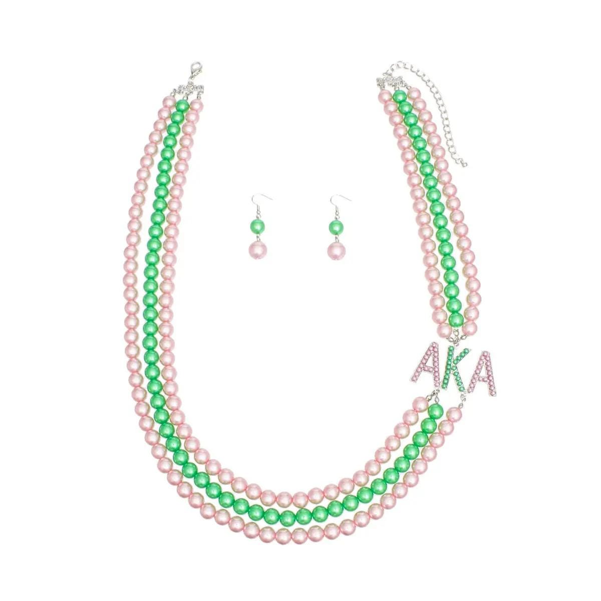 Alpha Kappa Alpha 3-Row Pearl Brooch Necklace Set – Elegant Pink & Green