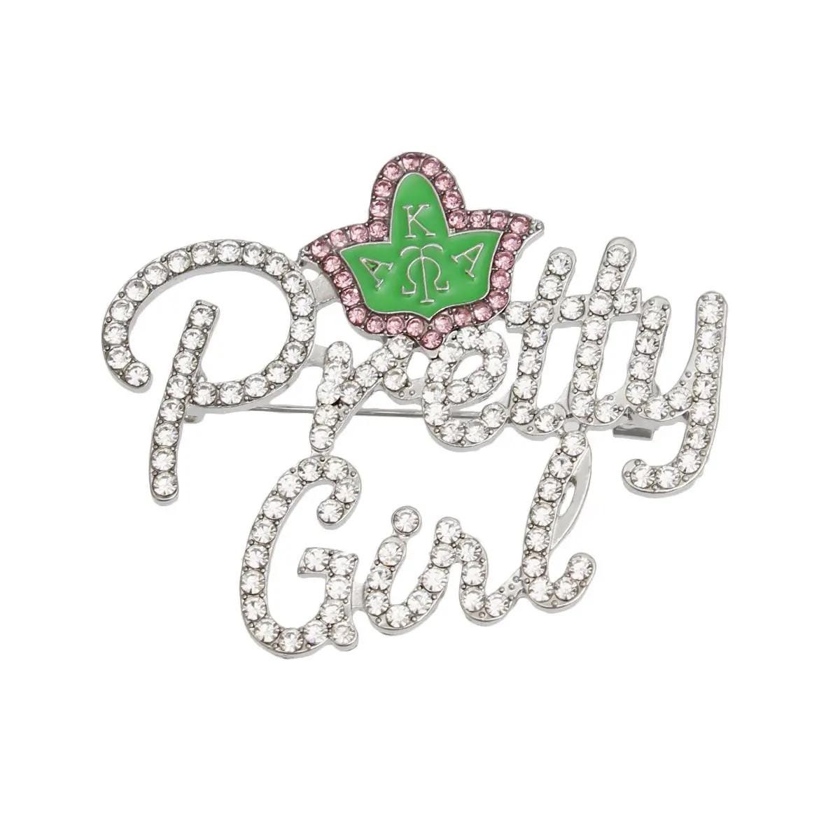 Alpha Kappa Alpha Sorority Pretty Girl Brooch – Rhinestone & Ivy Leaf Detail