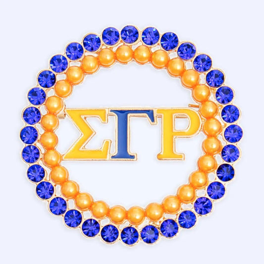 Sigma Gamma Rho Sorority Blue & Gold Round Brooch Pin – Elegant Rhinestone Design