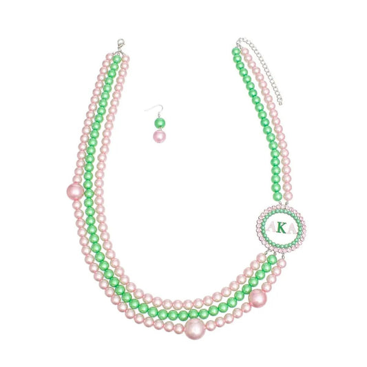 Alpha Kappa Alpha 3-Row Pearl Brooch Necklace Set – Elegant Pink & Green