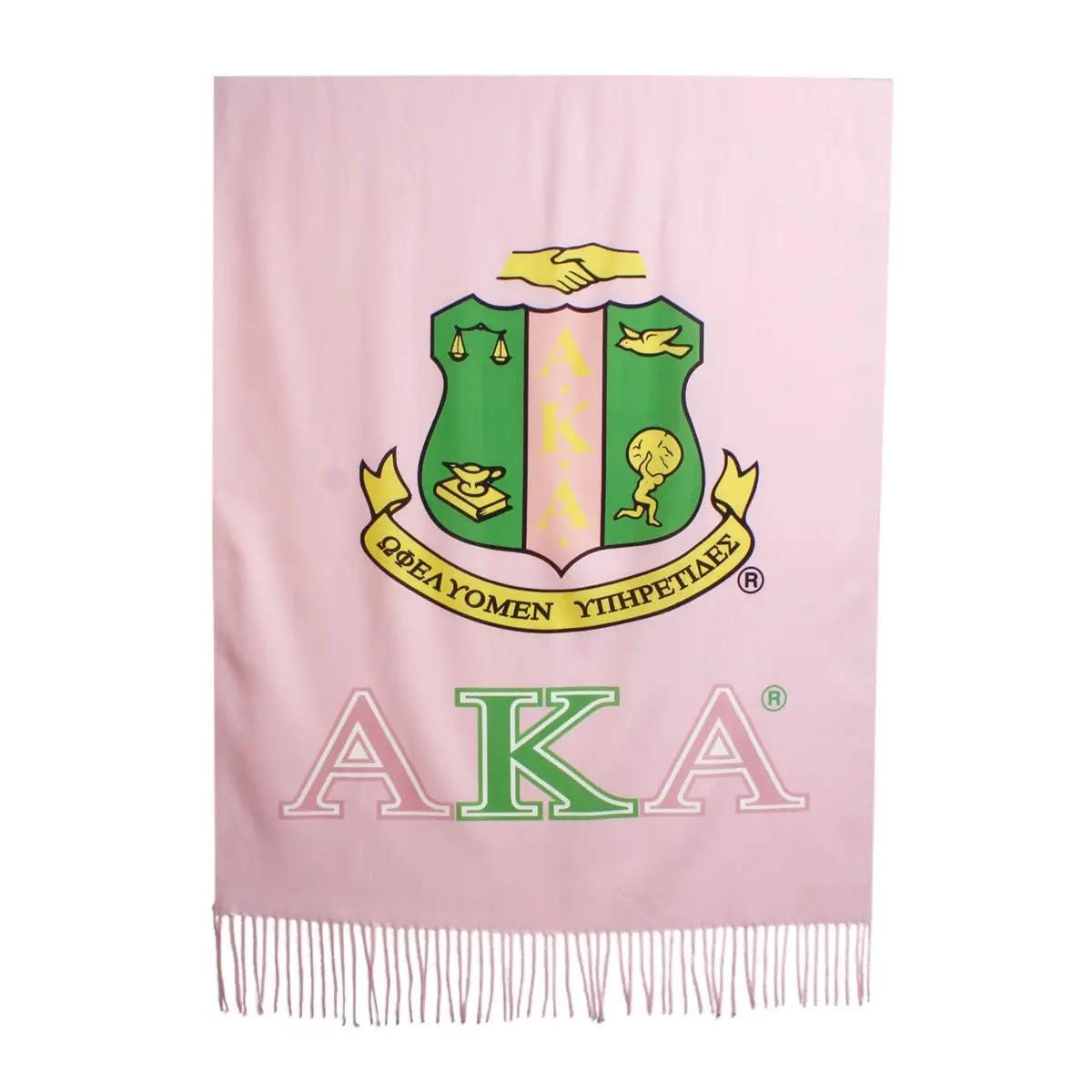 AKA Sorority Scarf | Pale Pink & Green Fashion Shawl with Shield and 1908 Print | Greek Paraphernalia