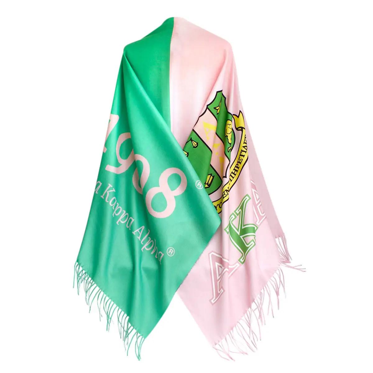 AKA Sorority Scarf | Pale Pink & Green Fashion Shawl with Shield and 1908 Print | Greek Paraphernalia