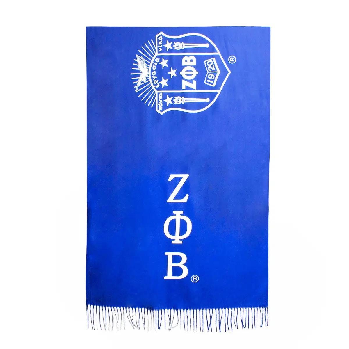 Zeta Phi Beta Sorority Scarf | Blue & White Fashion Shawl with Shield and Greek Letters | ZPB Paraphernalia