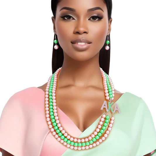 Alpha Kappa Alpha 3-Row Pearl Brooch Necklace Set – Elegant Pink & Green