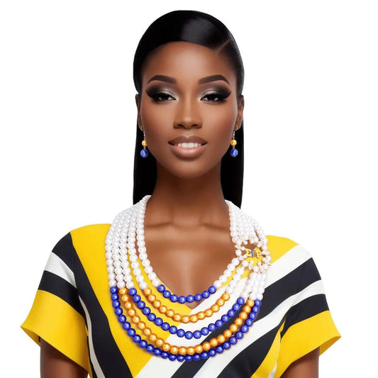 Sigma Gamma Rho Pearl Necklace Set – Blue, Gold & White 5-Strand Statement