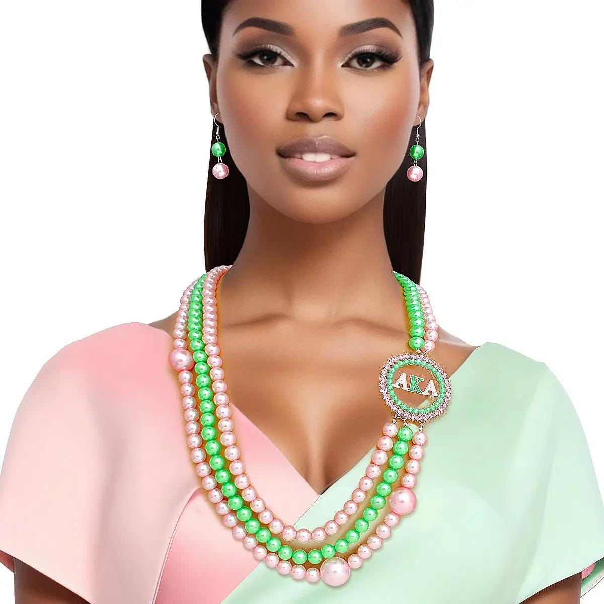 Alpha Kappa Alpha 3-Row Pearl Brooch Necklace Set – Elegant Pink & Green