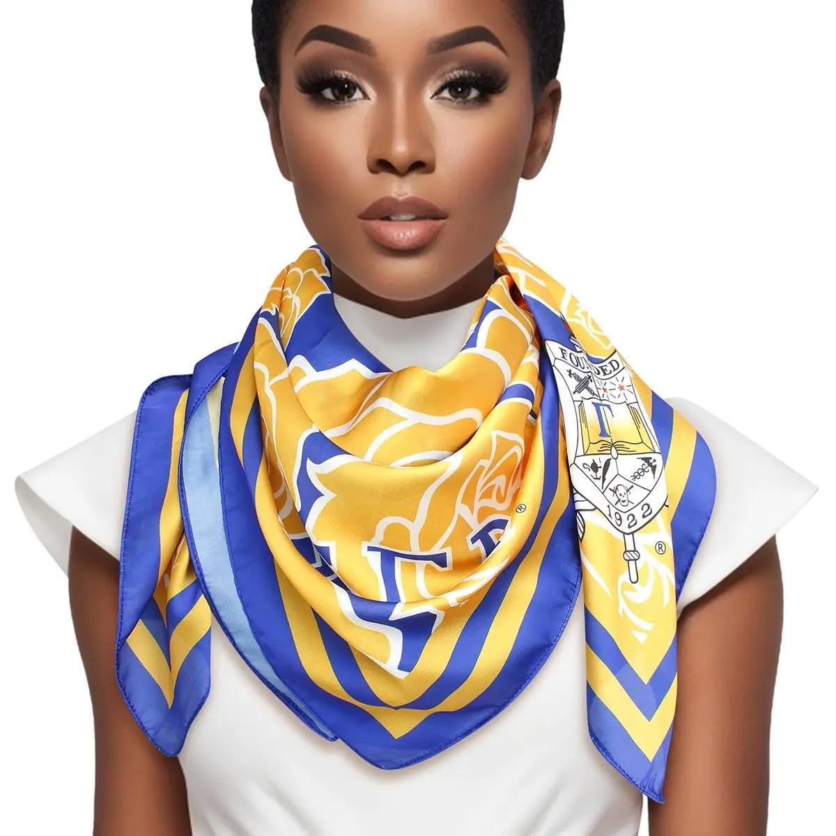 Sigma Gamma Rho Sorority Scarf – Gold and Blue Silky Square with Shield & Letters