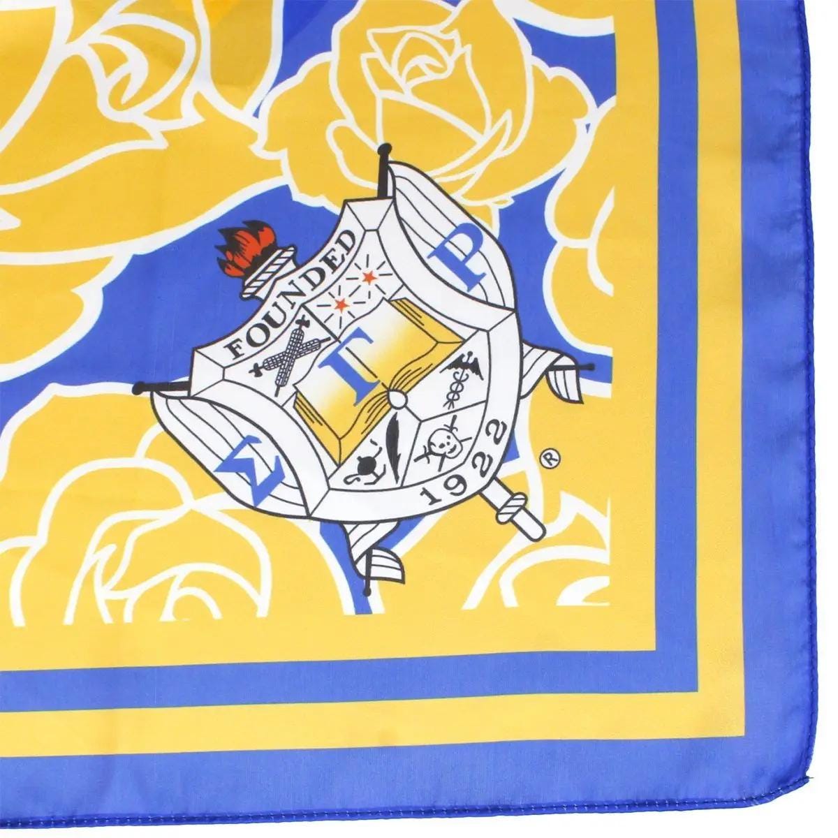 Sigma Gamma Rho Sorority Scarf – Gold and Blue Silky Square with Shield & Letters