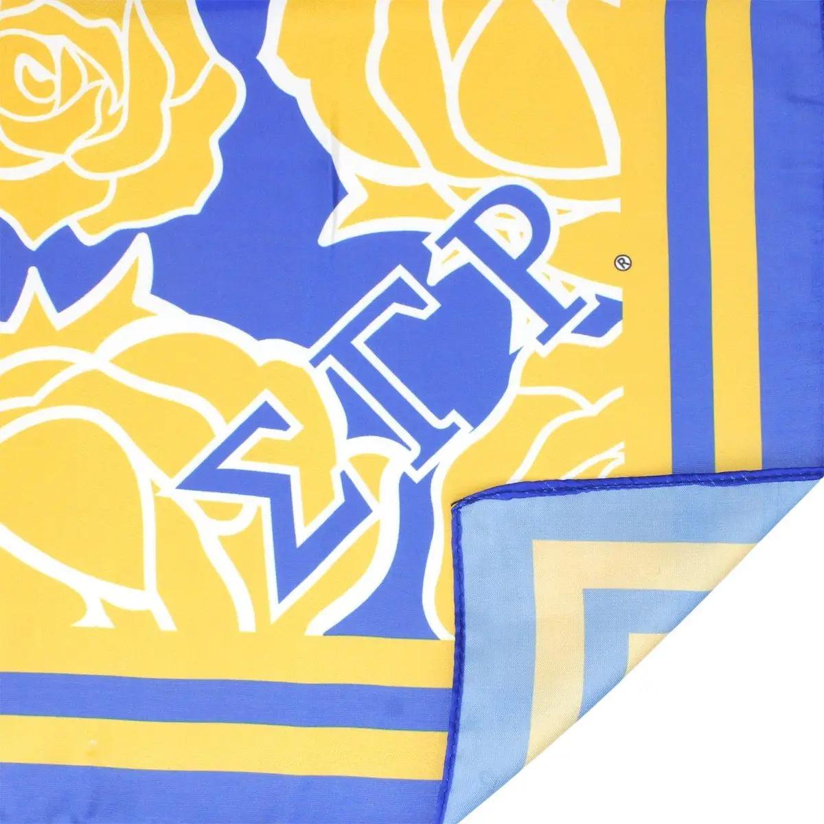 Sigma Gamma Rho Sorority Scarf – Gold and Blue Silky Square with Shield & Letters