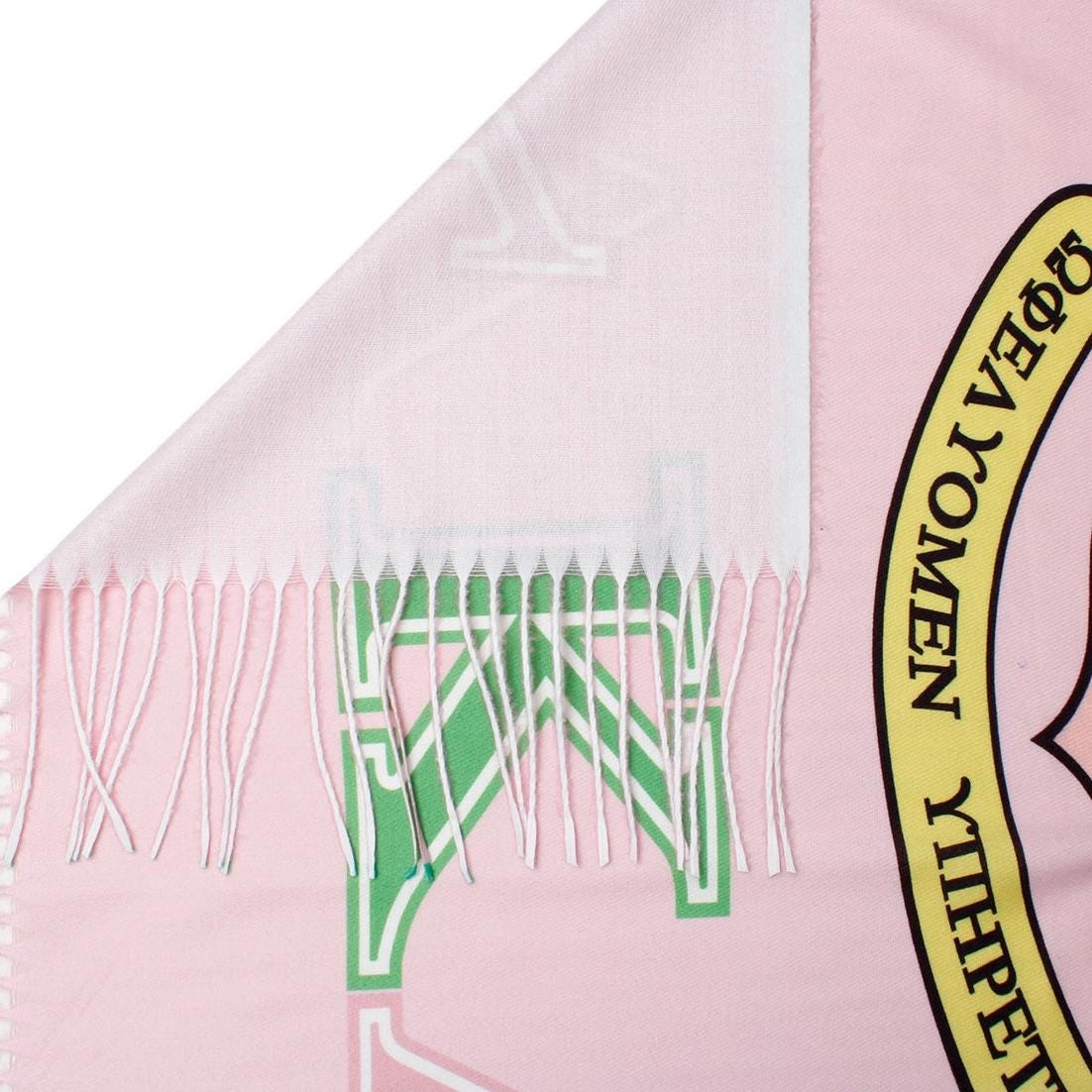 AKA Sorority Scarf | Pale Pink & Green Fashion Shawl with Shield and 1908 Print | Greek Paraphernalia