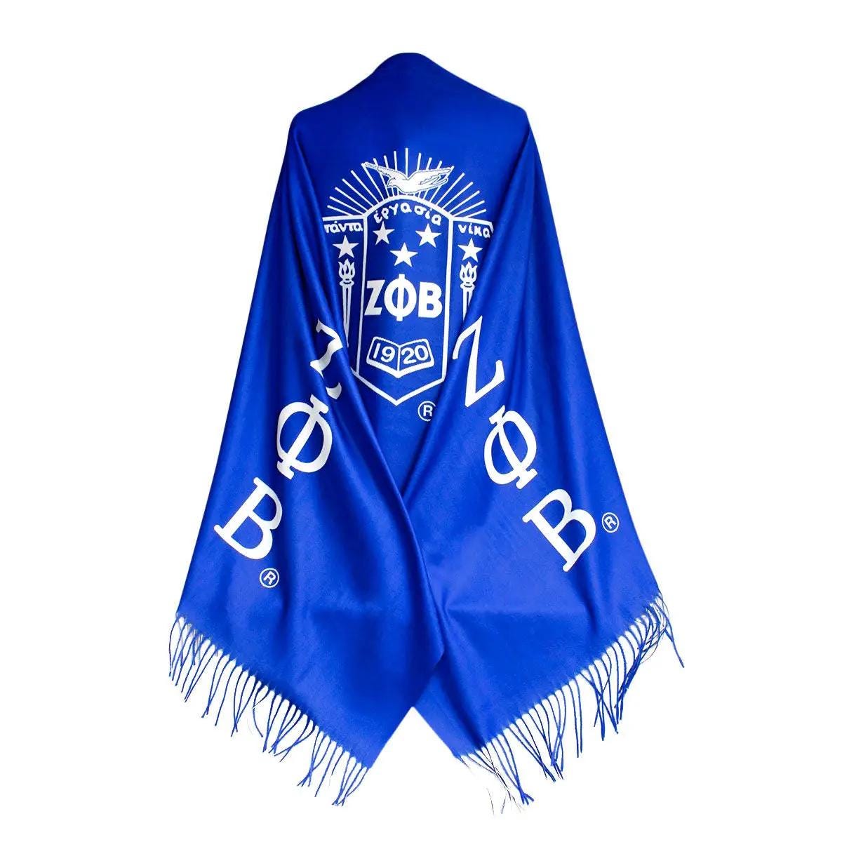 Zeta Phi Beta Sorority Scarf | Blue & White Fashion Shawl with Shield and Greek Letters | ZPB Paraphernalia