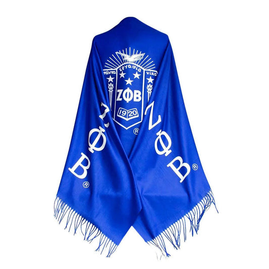 Zeta Phi Beta Sorority Scarf | Blue & White Fashion Shawl with Shield and Greek Letters | ZPB Paraphernalia