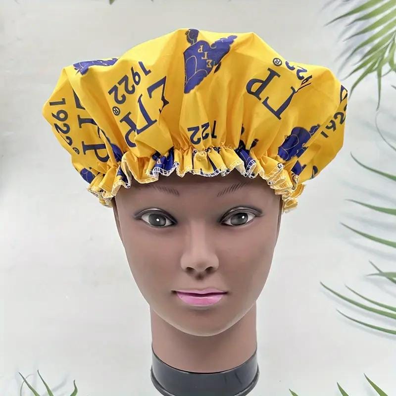 Sigma Gamma Rho Elastic Shower Cap – Yellow & Blue Greek Letter Bath Hat for Women