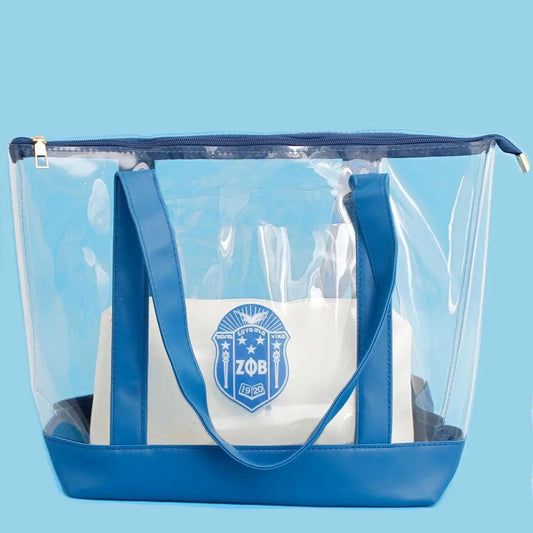 Zeta Phi Beta Sorority Clear Tote Bag – Blue PVC & Vegan Leather Shoulder Bag with Zipper Pouch