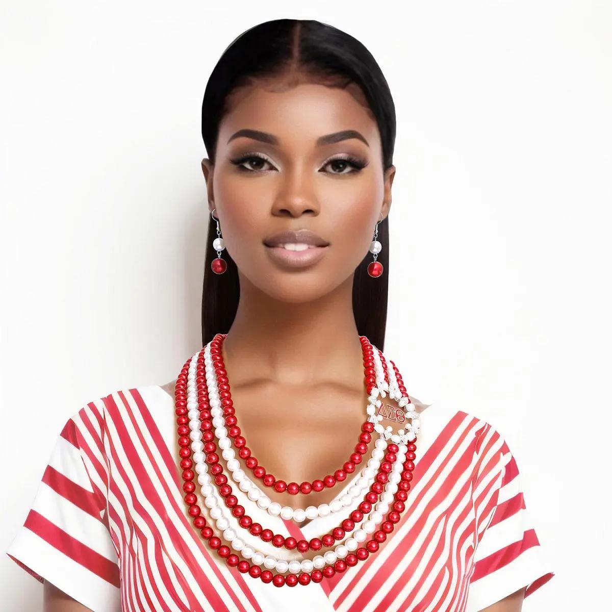 Red & White Pearl Necklace Set – 5-Strand Statement Jewelry for Women