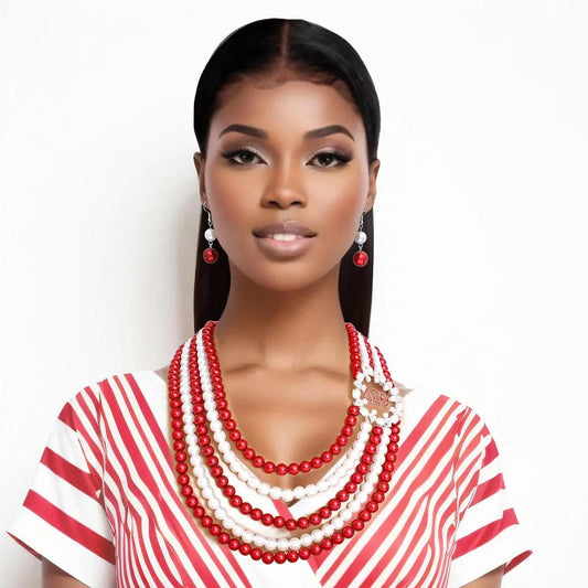 Red & White Pearl Necklace Set – 5-Strand Statement Jewelry for Women