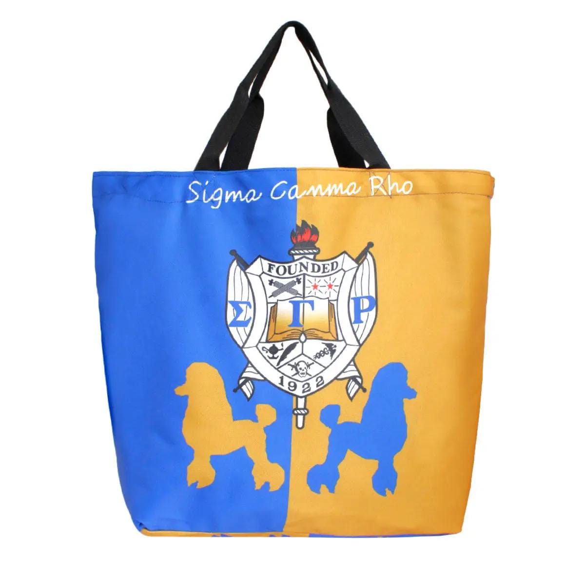 Sigma Gamma Rho Large Shopper Tote – Gold and Blue Canvas Bag with Shield & Poodle Graphic