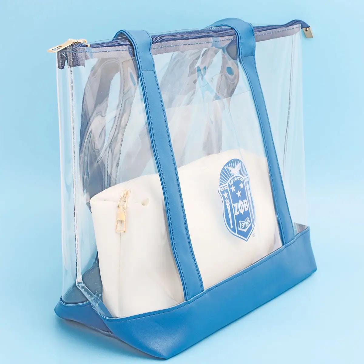 Zeta Phi Beta Sorority Clear Tote Bag – Blue PVC & Vegan Leather Shoulder Bag with Zipper Pouch