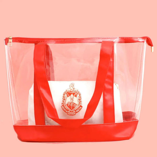 DST Red Clear Tote Bag – Delta Sigma Theta Sorority Women's Shoulder Bag with Zipper Pouch
