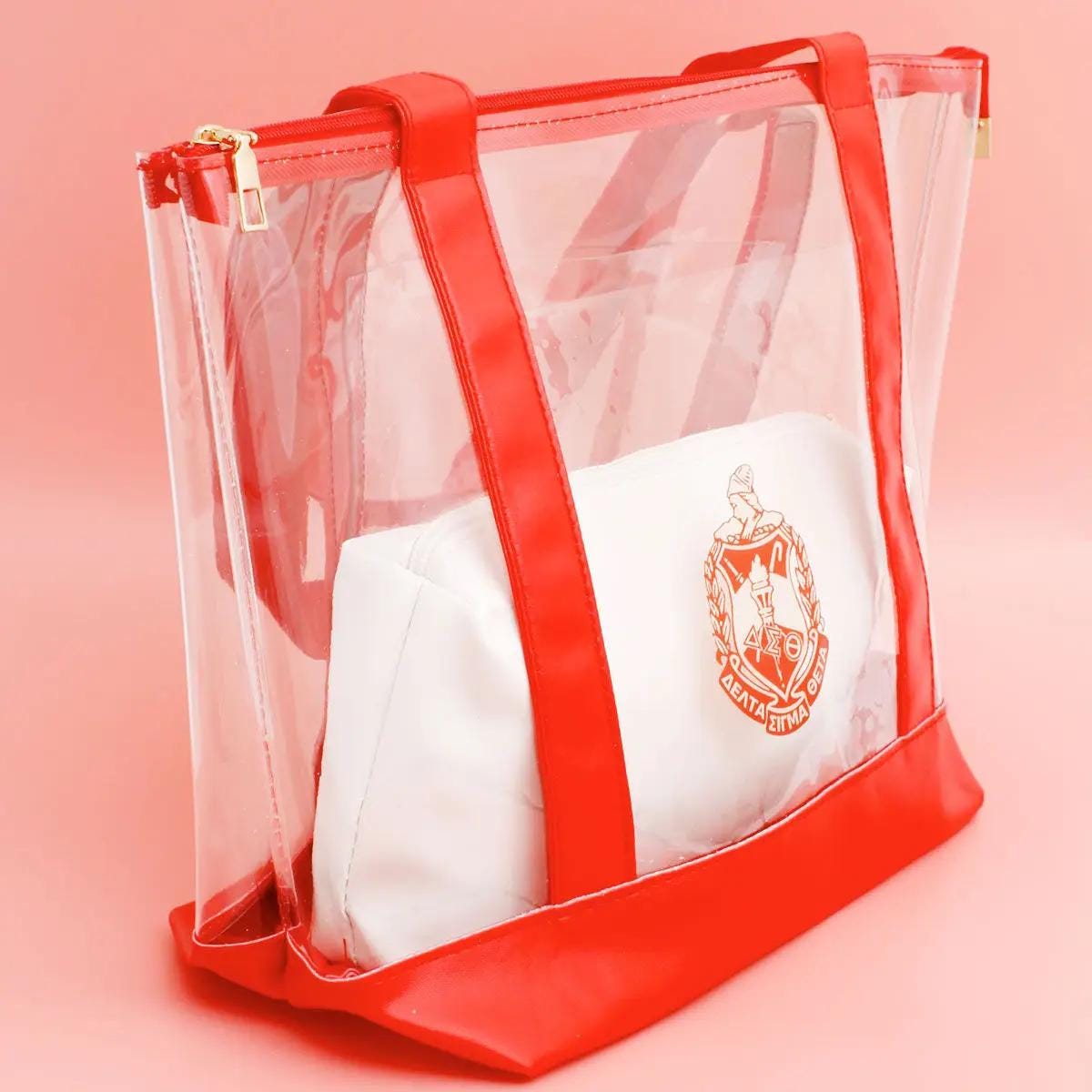 DST Red Clear Tote Bag – Delta Sigma Theta Sorority Women's Shoulder Bag with Zipper Pouch