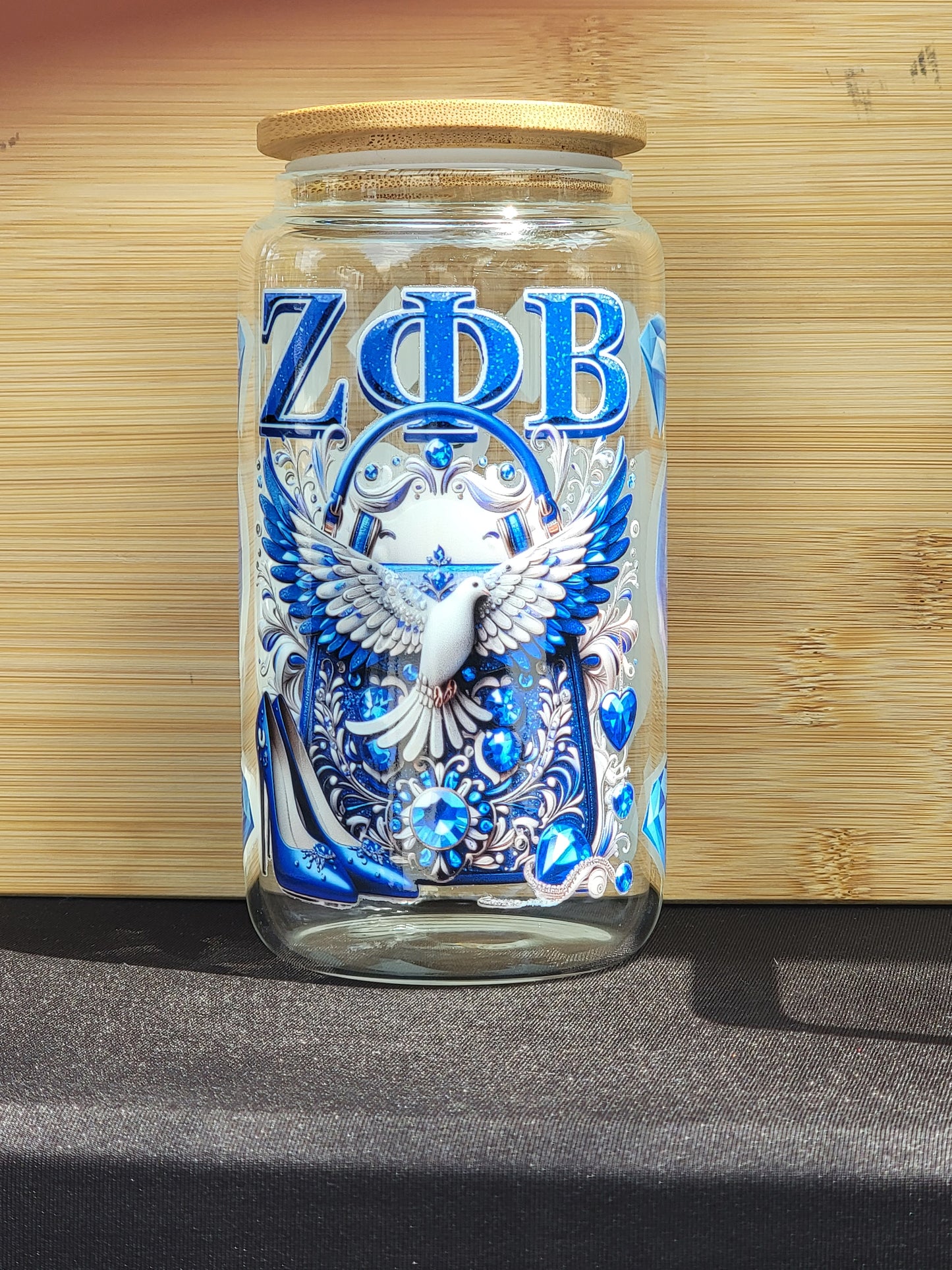 Zeta Phi Beta 16 oz Glass Cup with Bamboo Lid & Straw – Elegant Sorority Drinkware